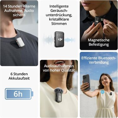 Беспроводной петличный микрофон DJI Mic 2 (Perlweiß) с Bluetooth, шумоподавлением, 48 кГц/32-bit Float, дальность 250 м для камеры, телефона, видеоблога