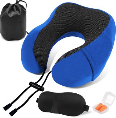 Подушка для шиї у вигляді звірка Memory Foam для подорожей на літаку/автомобілі, з чохлом, берушами та маскою для сну (Блакитна)