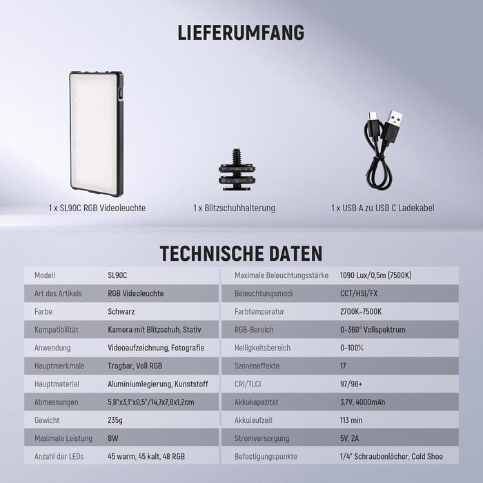 NEEWER SL90C RGB LED панель для відеозйомки, 8W, 2700K–7500K, портативна, з регулюванням кольору, CRI 97, 4000mAh, металева, для DSLR, стримінгу, SL90C