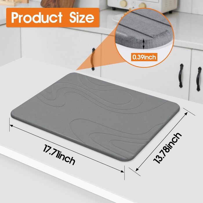 Килимок для сушіння посуду Snuggery, 61 x 40.6 см, сірий, з кремнеземом, швидковисихаючий, антиковзкий