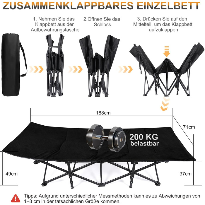 Розкладне ліжко CALIYO для кемпінгу та відпочинку на природі, 188x71x49 см, до 200 кг, з сумкою