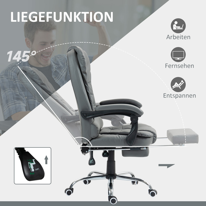 HOMCOM Chef Office Chair with Footrest, Reclining Desk Chair, Height-Adjustable Computer Chair with Armrests, Swivel Chair for Office, Faux Leather, Grey | Aosom