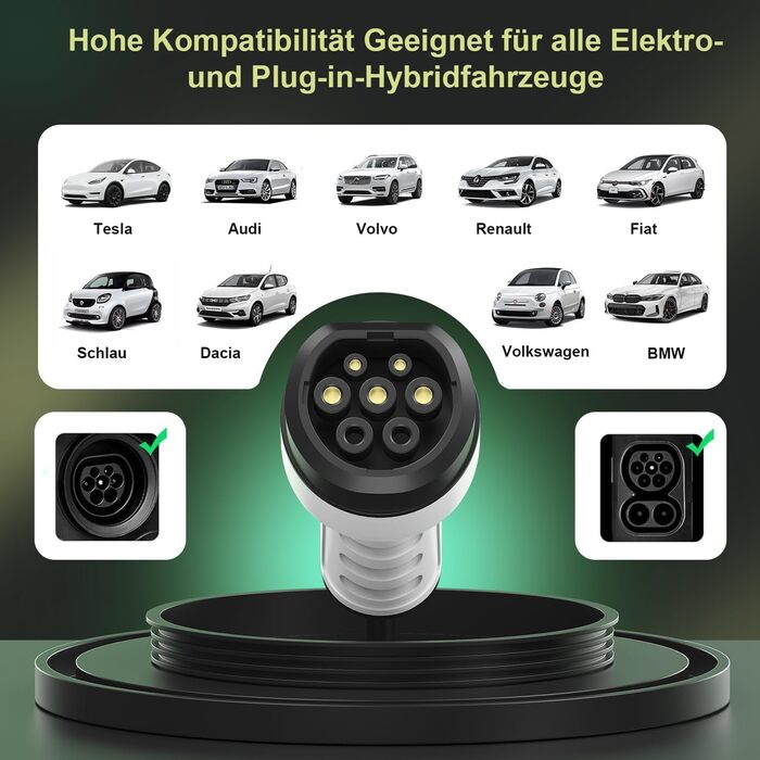 Зарядний пристрій (Wallbox) 11 кВт Type 2, CEE 16A, 6м, 3 фази, з лічильником електроенергії та таймером, для електромобілів (BEV/PHEV), Чорний