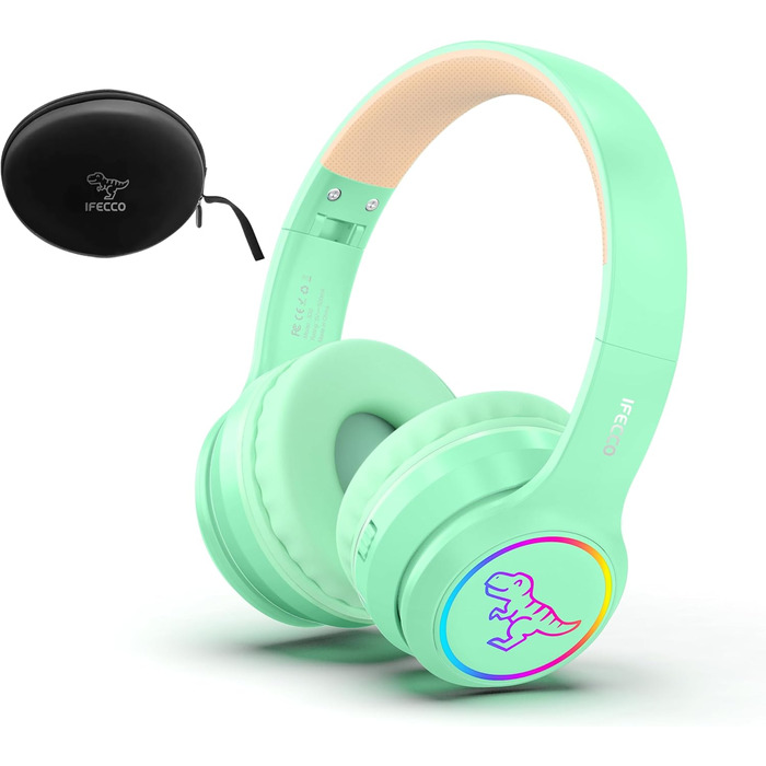 Бездротові навушники IFecco для дітей з мікрофоном, Bluetooth, LED-підсвітка, котячі вушка, чохол. Сумісні з iPad, планшетами та смартфонами.