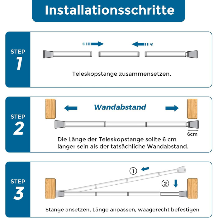 Штанга для карнизів AIZESI без свердління, 70-130 см, телескопічна, біла (діаметр 22 мм)
