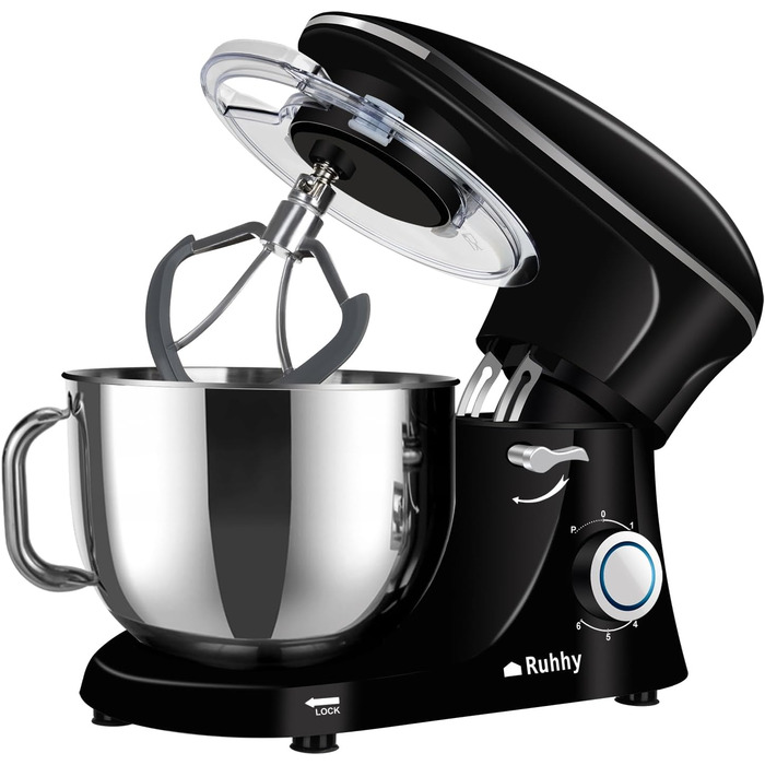 Stand mixer with bowl for cakes and bread with baking accessories. Various models also include a meat grinder and blender. 16746