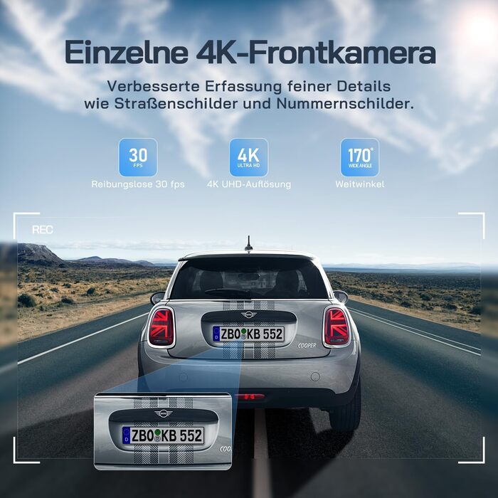 WOLFANG Dashcam Auto Передній та Задній 4K WiFi відеореєстратор з 32GB SD карткою, Ultra нічне бачення, 170° широкий кут огляду, WDR, 24 год. режим паркування, G-сенсор, циклічна запис