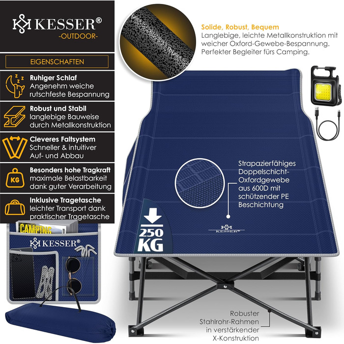 Кемпінгове ліжко KESSER®: складане, портативне, з сумкою та світлом, до 250 кг, міцний метал, оксфорд 600D