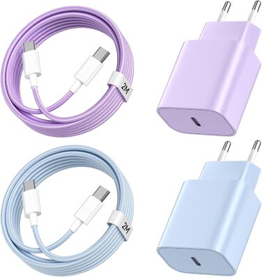 Зарядний пристрій USB-C 20W з кабелем Type-C 2м для iPhone 16/15/Pro/Air - комплект 2 шт. (Ліловий + Синій)
