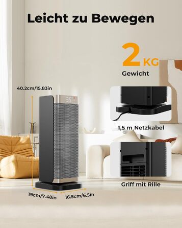 Керамічний електричний обігрівач повітря 2000W з пультом, ECO-режимом, таймером на 12г та функцією повороту 70°, золотий