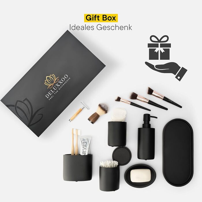 DELUXXOO® Набір аксесуарів для ванної кімнати 6 шт. чорний матовий: органайзер, диспенсер для мила, мильниця, стакан для зубної щітки, піднос, ящик для зберігання