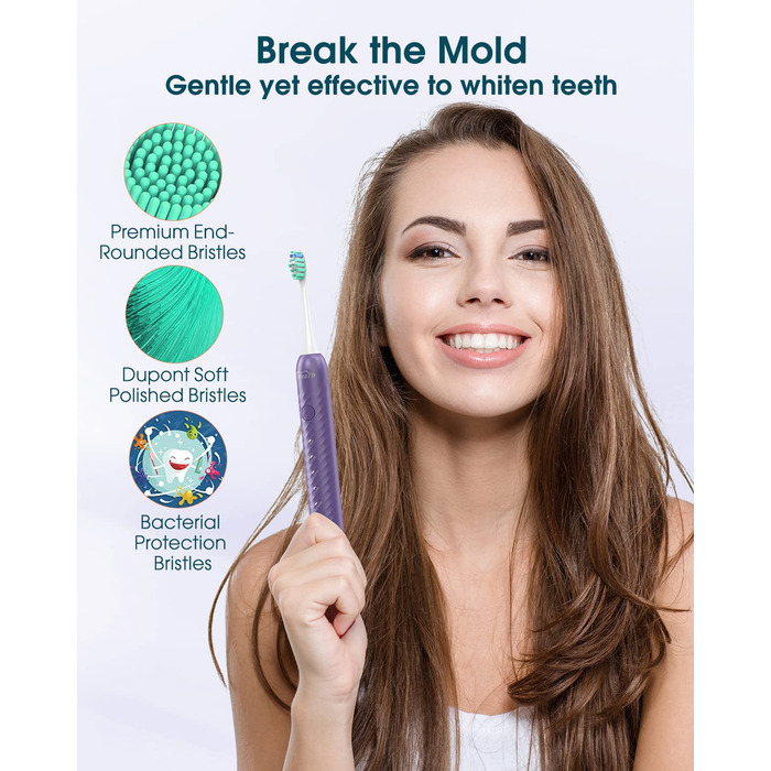 Електрична зубна щітка для дорослих з 6 насадками, акумуляторна звукова, фіолетова (1 шт.) - тривала робота до 180 днів