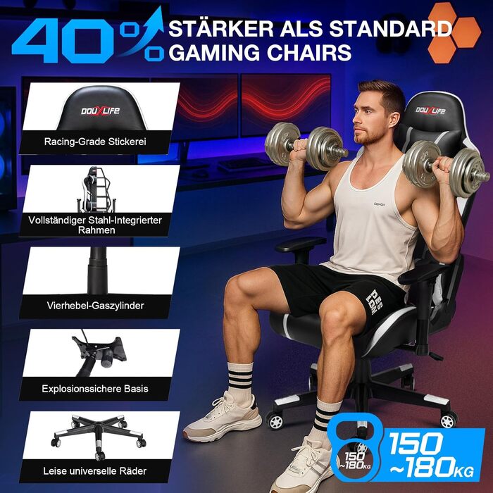 Ігровий крісло Douxlife з 7-точковим масажем, підніжкою, ергономічний офісний крісло, регулювання спинки 90-175°, регульовані 2D підлокітники, крісло для ПК Gamer, максимальне навантаження 150-180 кг, (Чорний/Білий)