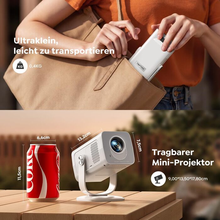 Портативний проєктор Mini Beamer 4K з підтримкою Android 13, WiFi 6, Bluetooth 5.4 та обертанням 270°. Підтримка HDMI, USB, iOS, PC. Ідеальний для домашнього кінотеатру та використання на відкритому повітрі з автокорекцією трапеції.