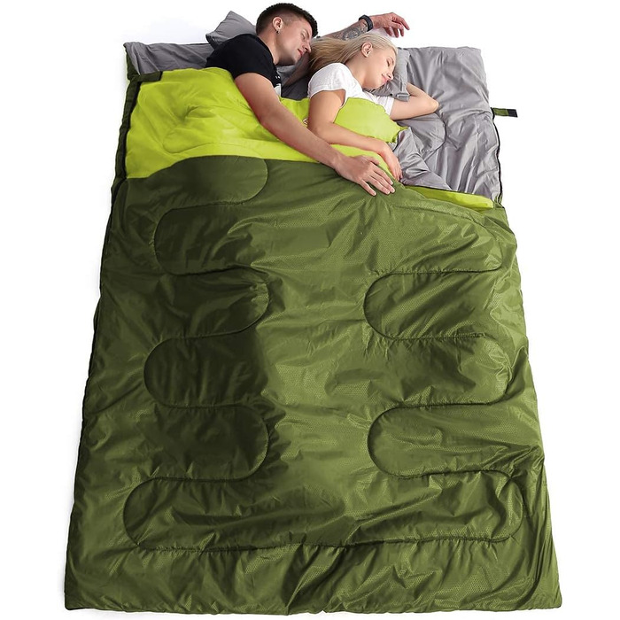 Спальний мішок Oaskys для двох дорослих з подушками – Queen Size XL, водовідштовхуючий, для всіх сезонів, кемпінг, подорожі, 59x86.6 дюймів, оливковий