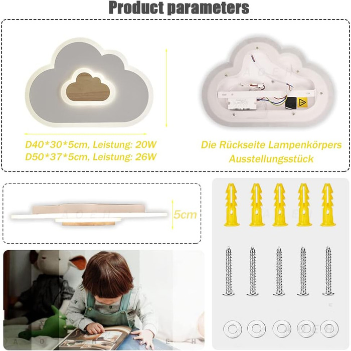 LED Ceiling Light Bedroom Children's Room Lamp Ceiling Lamp Ceiling Light for Children Cloud Ceiling Light Wood Stepless Dimming with Remote Control With Night Light Function, 40cm