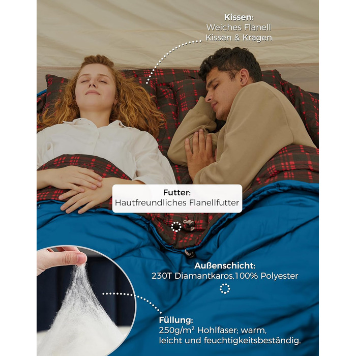 KingCamp 2-Person Winter Sleeping Bag - Warm Outdoor Sleeping Bag for Camping & Travel - 3-4 Season, Includes 2 Flannel Pillows