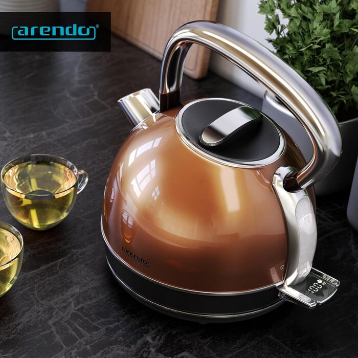 Електричний чайник Arendo з регулюванням температури, LED дисплеєм та сенсорною панеллю. Ретро-дизайн, об'єм 1,7 л, функція підтримки тепла, вимірювання, змінний фільтр від накипу. Матеріал: нержавіюча сталь, колір: мідний.