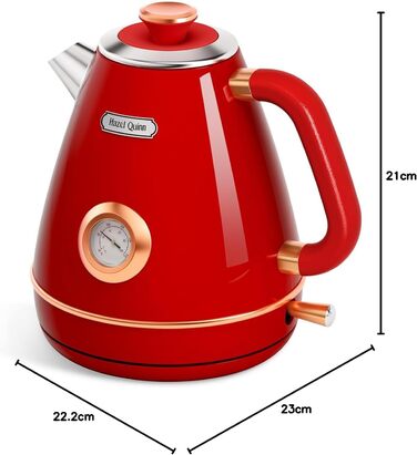 Електричний чайник Hazel Quinn Retro з термометром, з нержавіючої сталі, без пластику, 1.7 л, 2200 Вт, автоматичне вимкнення, вінтажний дизайн, Rudy Rot