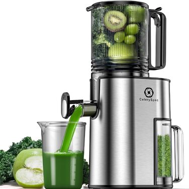 Соковитискач CelerySpec Slow Juicer - переможець тесту, для цілих овочів та фруктів, 130 мм, 1.8л, BPA-free, 250W, з функцією зворотного ходу, нержавіюча сталь, чорний