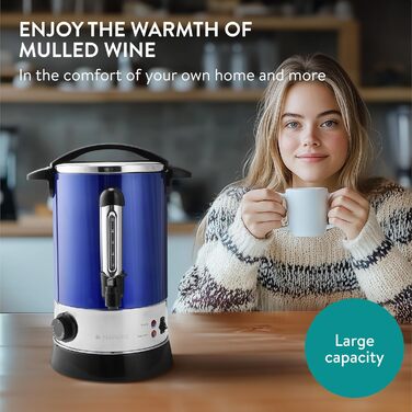 Navaris Mulled Wine Warmer/Hot Water Dispenser - Stainless Steel - with Thermostat, Level Indicator, and Tap - Mulled Wine/Hot Beverage Dispenser (6.8L, Blue)