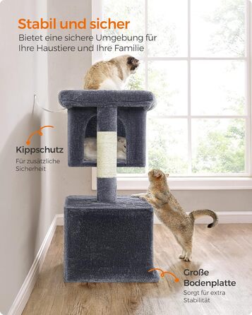 Feandrea Cat Tree, 84 cm Cat Tree, L, Cat House for Large Cats up to 7 kg, Large Platform, 2 Cat Caves, Sisal Posts, PCT61W (XL (68 x 48 x 101 cm), Smoke Gray)