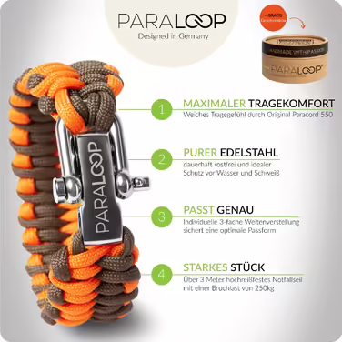 Paraloop® Paracord Armband for Men and Women + Pendant with Signal Whistle - Emergency Rope - Survival Kit - Stainless Steel Clasp - with Gift Box Cliffhanger (The Original)