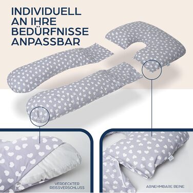 Niimo 4-in-1 U-Shaped Pillow - Breastfeeding Pillow, Pregnancy Pillow, Comfort Pillow & Side Sleeper Pillow with 100% Cotton Cover, Washable (Gray with white hearts)