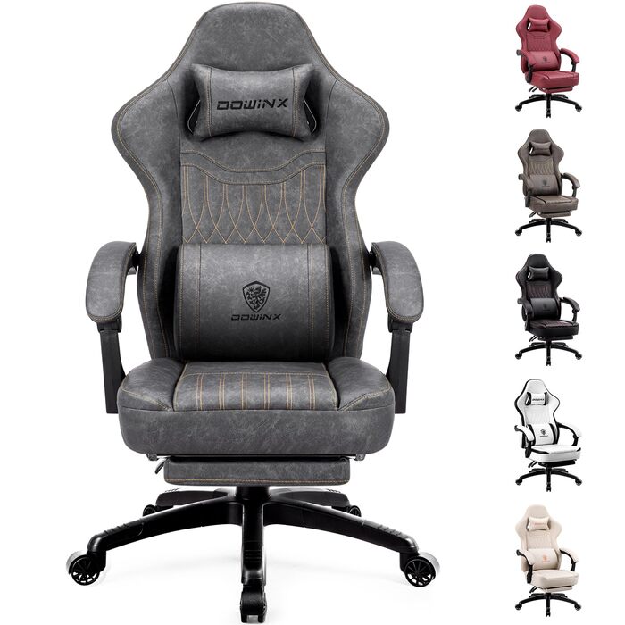 Ігровий крісло Dowinx з підголівником та масажем попереку, ергономічний геймерський крісло з підніжкою, офісне крісло з PU шкіри (Сірий)