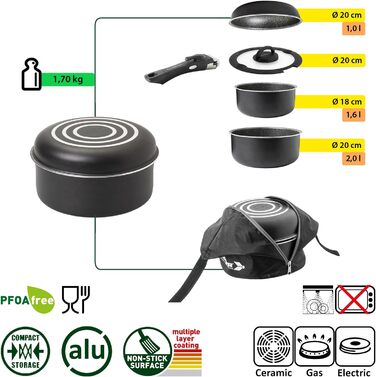 Набір посуду для кемпінгу BRUNNER з алюмінію (каструлі та сковорідки) - діаметр 20, 22, 24, 26 см, Pirate Vakublock, на 4 особи, з покриттям, легкий, високоякісний, компактний, 4+1 предмет