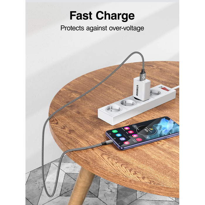 Кабель USB-C 3.1A з нейлону, 3M+3M (сірий) для Samsung Galaxy S23, S22, S21, S20, S10, A53, A52, A33, A34, A20e, A14, A13 та інші моделі