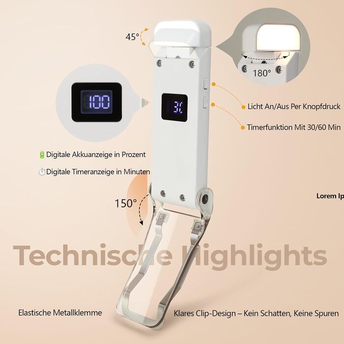 LED Кліпса-лампа для читання Nixtrve: 3 режими, 5 рівнів яскравості, USB-C, таймер, захист очей