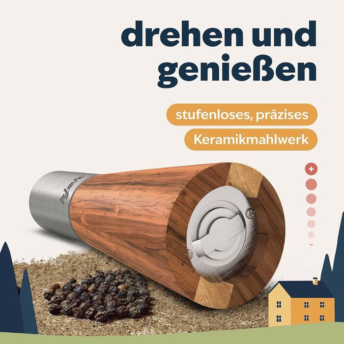 Premium Salt and Pepper Grinder, Stainless Steel and Solid Acacia Wood with Coaster, Cleaning Brush, and Funnel - Wooden Grinder Set with Ceramic Grinder - Salt and Pepper Grinder Set