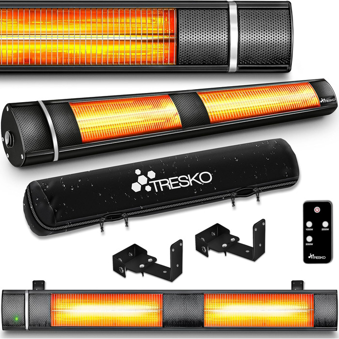 Інфрачервовий обігрівач TRESKO 3000W з пультом дистанційного керування | Тепловий струмінь для тераси, електричний, 3 режими | Обігрівач для тераси, внутрішній та зовнішній | Настінний інфрачервовий обігрівач, обігрівач для пеленального столику, чорний