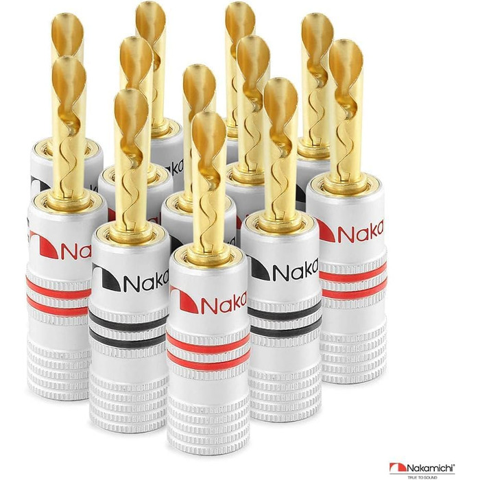Позолочені бананові конектори Nakamichi 24K для акустичних кабелів 12-18 AWG, 4мм, для підсилювача, Hi-Fi ресивера та домашнього кінотеатру, 10 шт (5 пар)