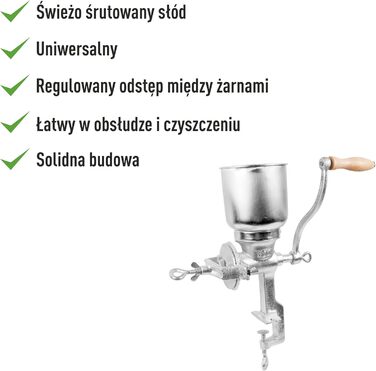 Ручний зерновий млин Browin 1 кг, металева, для солоду, борошна, кукурудзи та гороху, сріблястий, висока лійка