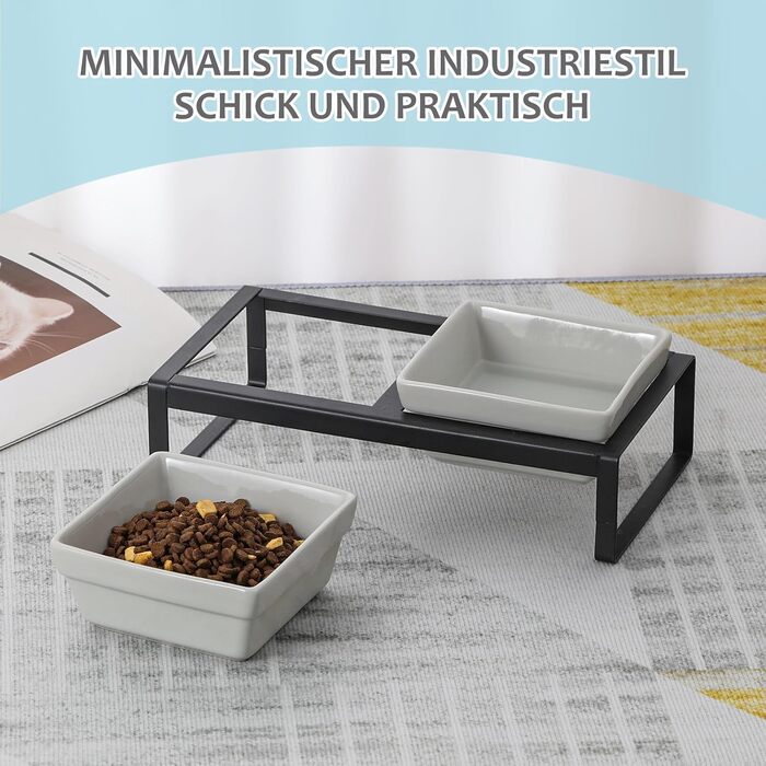 Сіра миска для кота з піднятим краєм - подвійна керамічна миска проти блювоти, легко миється, 2 x 480 мл, сірий колір