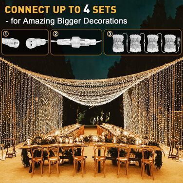 Ланцюжок LED-ліхтарів Joycome 3м x 3м, 300 LED, 8 режимів, вологостійкий, для декору вікна, балкона, кімнати, вечірки, намету, весілля, Різдва (тепле біле світло)