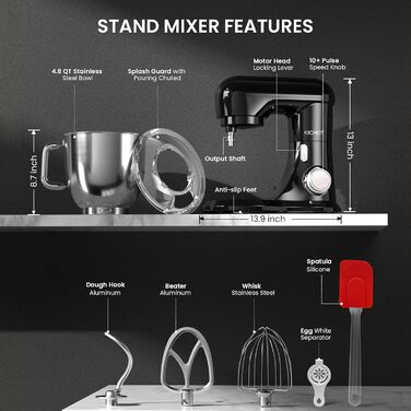KICHOT 4.5L Kitchen Machine, Dough Mixer, 10-Speed Kitchen Machine, Dough Hook, Flat Beater, Splash Guard, Suitable for Baking, Cakes, Cookies, Kneading, Red