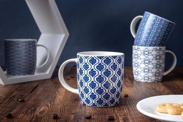 Set of 6 coffee cups with black and white geometric pattern, ceramic tea cup set of 6 (black cup set) (Blue)