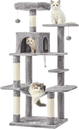Кігтеточка для котів MSmask велика, багатоповерхова з платформами, гамаком та сизалевими стовпами (світло-сіра)