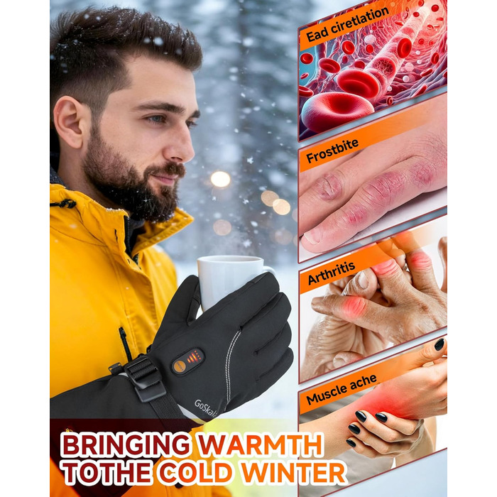 Електричні гріючі рукавички для жінок та чоловіків, зимові рукавички з підігрівом, чорні, з акумулятором 7.4V 6000mAh, 3 режими нагріву, сенсорний екран, водонепроникні