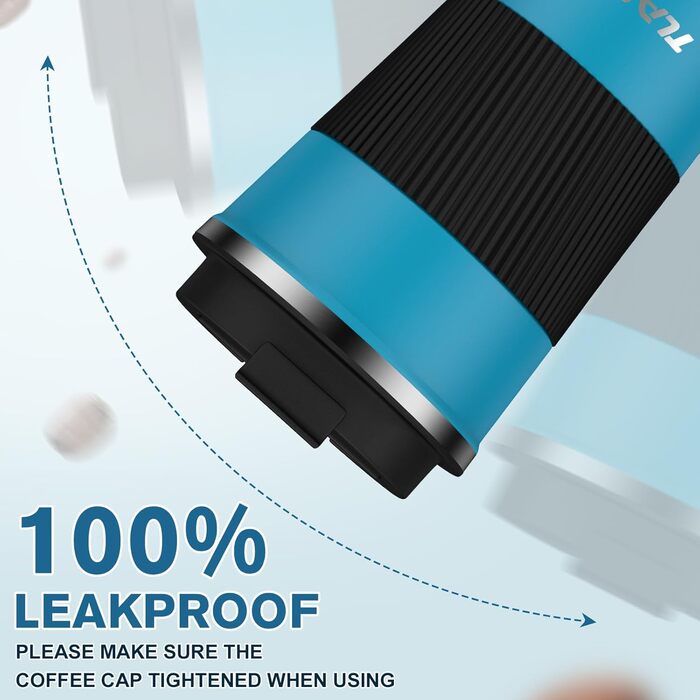 Термокружка для кави з кришкою, 380 мл, з подвійними стінками, з нержавіючої сталі, блакитно-чорна