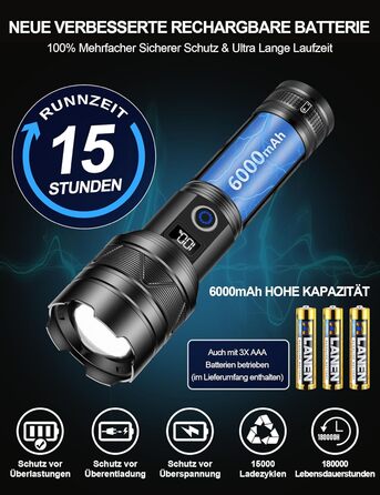 LED ліхтарик Esgreen 500000 люменів - тактичний, потужний, з USB-C, зумом, 5 режимів, для кемпінгу та безпеки