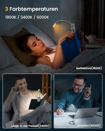 Glocusent Posh Premium Лампа для читання з кріпленням на книгу та таймером, 16 LED, акумулятор, час роботи 160 годин, 1800K, м'яке світло, 3 кольори та 5 рівнів яскравості, ідеально для читачів