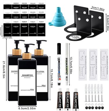 Настінний дозатор для мила Roselee (3 шт.), 500 мл - для ванної кімнати, без свердління, для шампуню, гелю для душу, з етикеткою (Чорний-3)