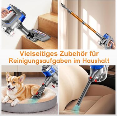 Бездротовий акумуляторний пилосос 45000 Па / 45 хв - 1,6 л з LED-дисплеєм, антизаплутувальною насадкою, тихий (<60 дБ), HEPA-фільтр, для видалення шерсті тварин, килимів, твердих поверхонь, авто, блакитний