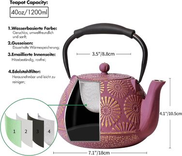 MILVBUSISS Cast Iron Teapot, 1200 ml, Large Capacity, Stovetop Kettle with Infuser, Japanese Teapot for Loose Leaf Tea, Enameled Interior Coating, Silicone Handle, Pink