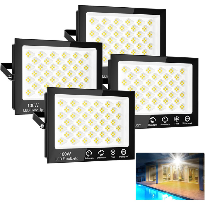 Sararoom LED Floodlights Outdoor 10000LM LED Floodlight, 156 Cold White 6500K Floodlight Spotlight Outdoor Floodlights, IP65 Waterproof Floodlights for Garden Garage Yard Driveway Doors Hallway, 2-Pack (4 Pieces, 100W)