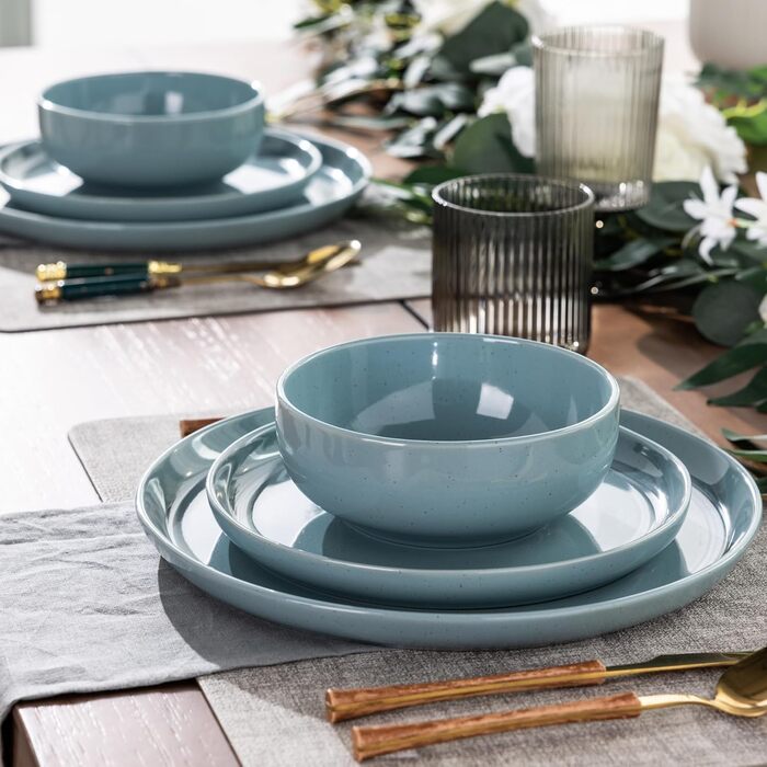 Набір посуду GBhome Teller- und Schüssel-Set (12 предметів) – керамічний посуд для 4 осіб. Стійкий до подряпин та миття в посудомийній машині. Сучасний посуд для мікрохвильової печі та посудомийної машини. Колір: блакитний.